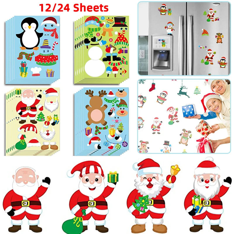 

12/24 Sheets Christmas Party Games Stickers Make Your Own Snowman Reindeer Santa Claus Face Decals for 2023 Navidad Kids Gifts