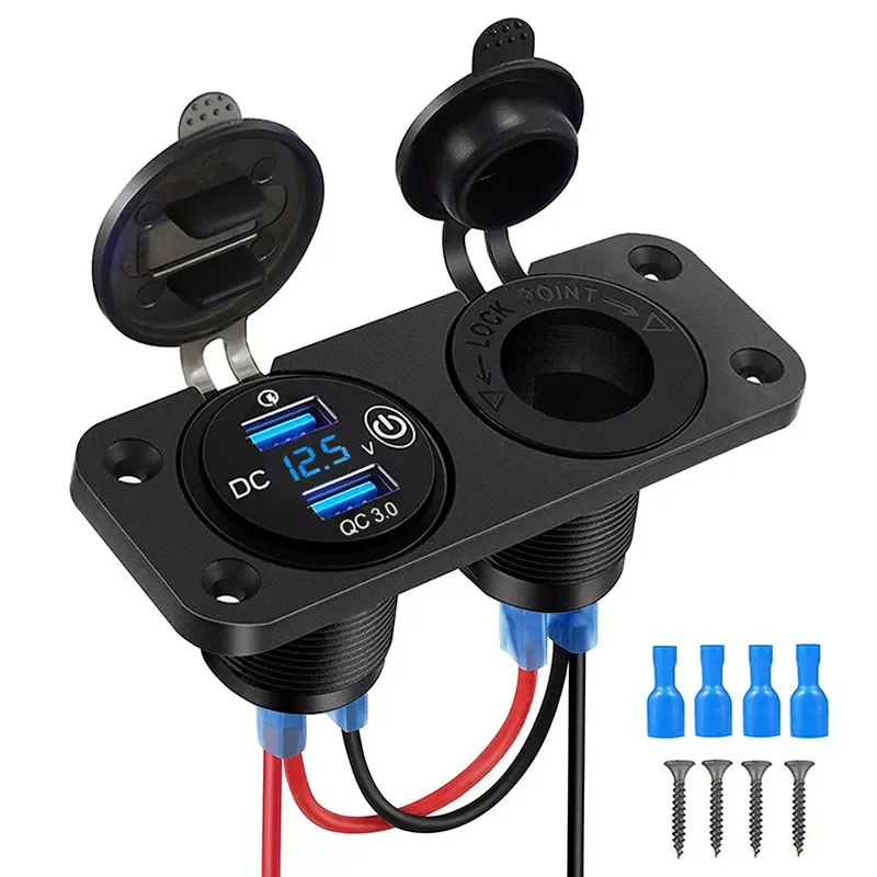 

Charge 3.0 Cigarette Lighter Outlet Waterproof 12V/24V Dual USB Car Socket with LED Voltmeter Touch Switch for Car RV Boat