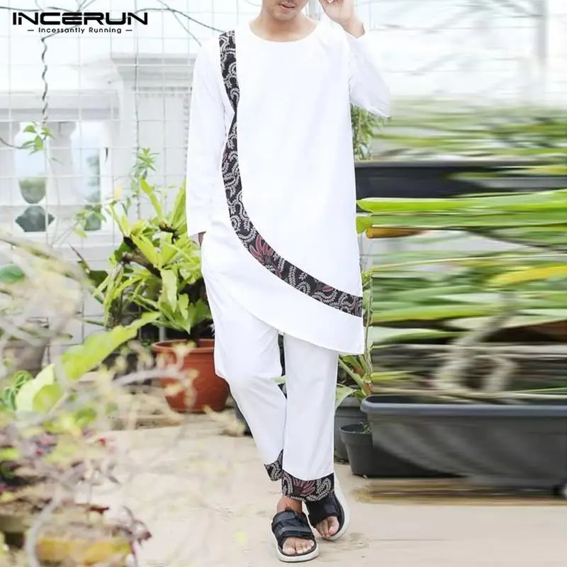

Casual Comfortable Sets INCERUN Men's Irregular Hem O-neck Long Sleeve Medium Length Gown Trousers Hot Sale Suit 2 Pieces S-5XL