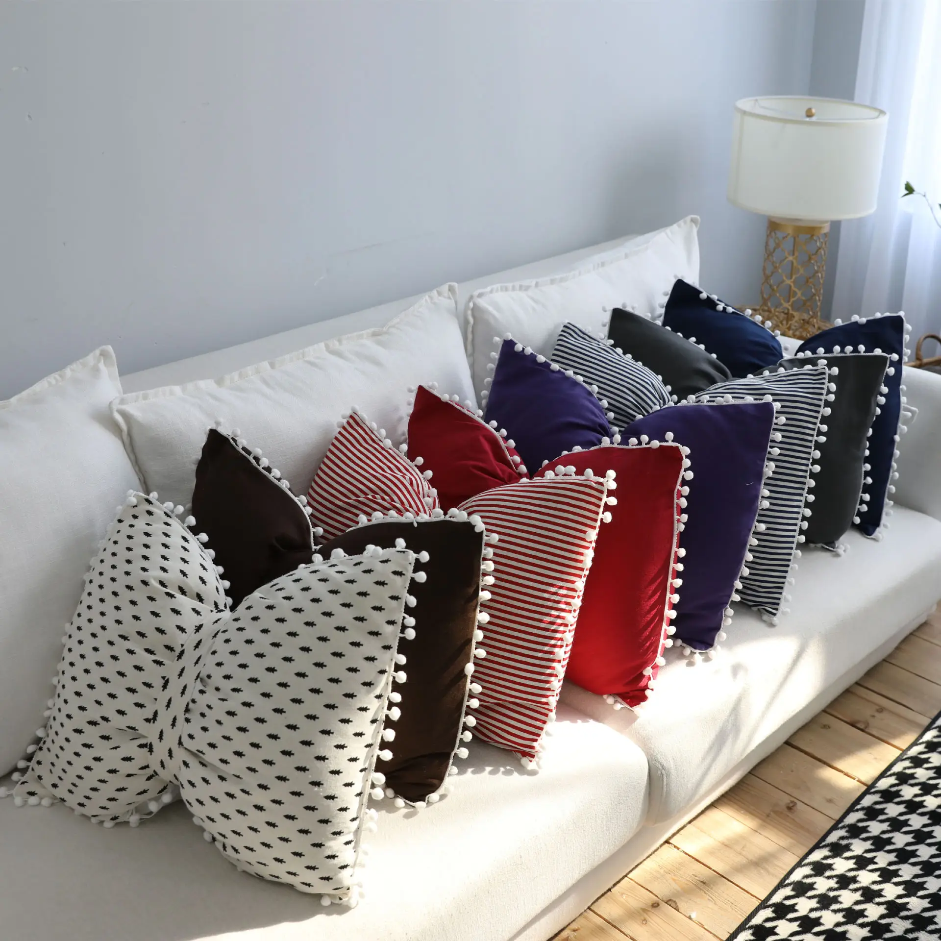 

Sofa Cushion INS Solid Stripe Lovely Ball Bow Pillow Nordic Bed Sofa Can Be Removed And Washed with Core