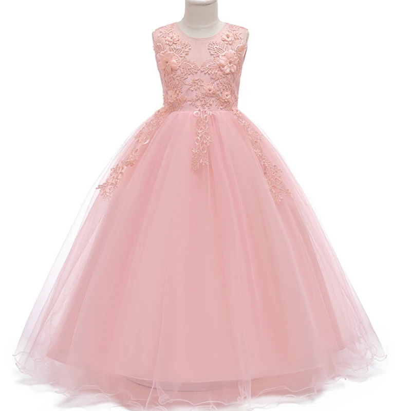 

2018 Girls Wedding Dress Lace Bead Appliques sleeveless Party Tulle Princess Birthday Dress First Communion Gown for Girls 15