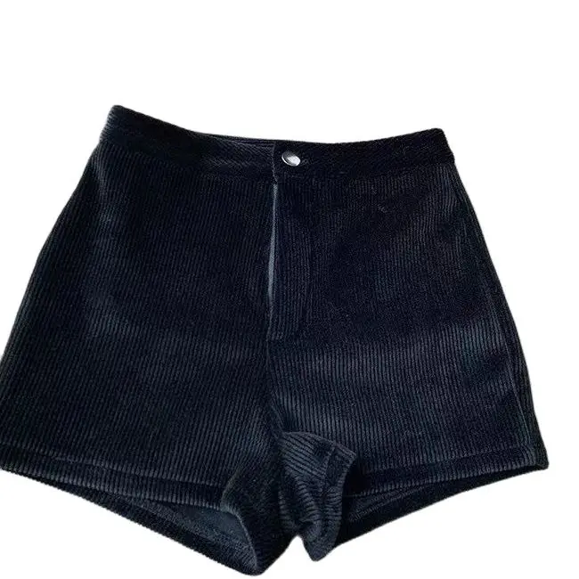 

Black High Waist Plush Shorts Women's New Tight Elastic Corduroy Boots Shorts