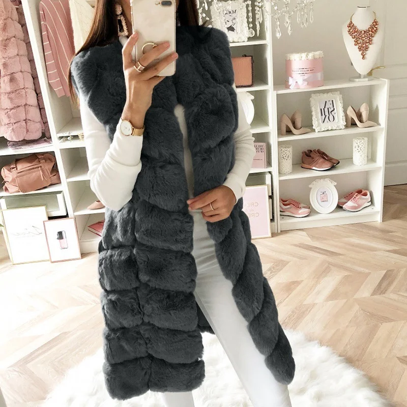 Ladies Faux Fur Faux Fur Autumn and Winter New Long Vest Cotton Coat Thickened Long Plush Vest