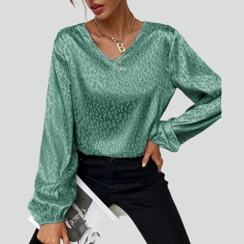 

Summer Office V-Neck Women Shirt Vintage Leopard Printed Chiffon Blouse Woman Long Sleeve Solid Loose Tops Female Clothing 19168