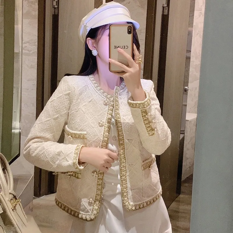 

2022 Spring Autumn High-End Woven Design Tweed Coat Women's Short Four-Pocket Small Fragrance Woolen Coat