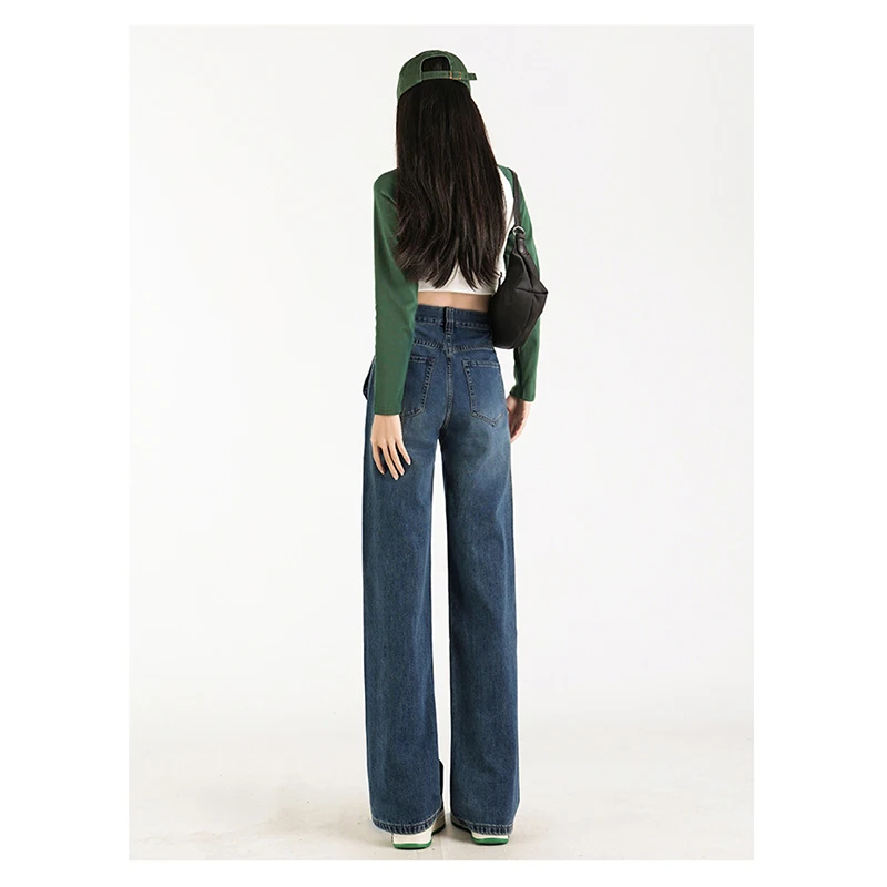 Real time photos of jeans female commuter pants spring and summer vintage blue pockets high waisted wide leg pants
