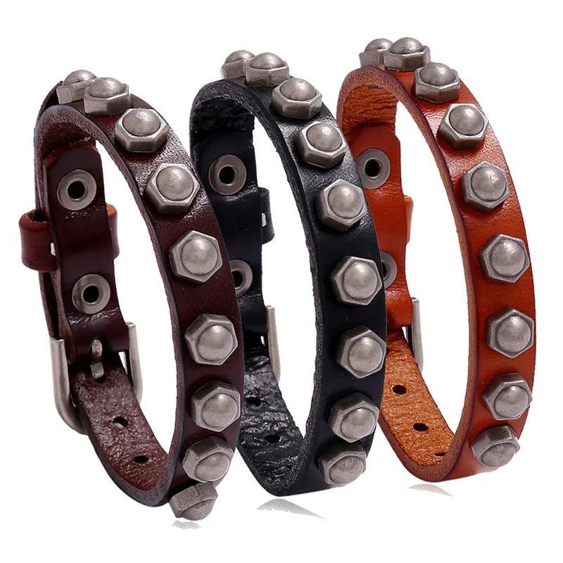 

Genuine Leather Bracelets for Men Handmade Vintage Rivet Adjustable Belt Wrap Bangles for Women Hand Strap