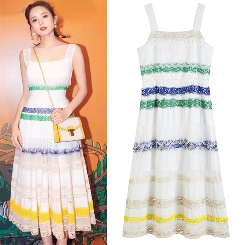 

Runway Dress Designers 2022 Summer Colorful Striped Lace Patchwork Spaghetti Strap Dress Women Elegant Lace Dress Midi
