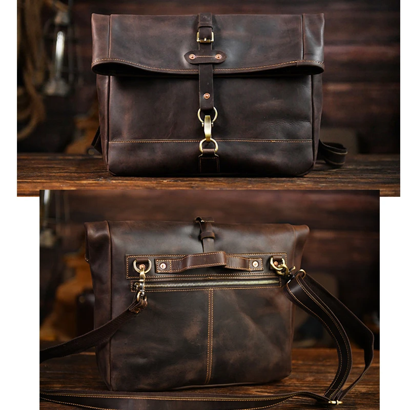 Vintage  Leather Motorcycle Men's Messenger Bag Crazy Horse Leather Folding Cover Shoulder Bag Luxury Cowboy 14