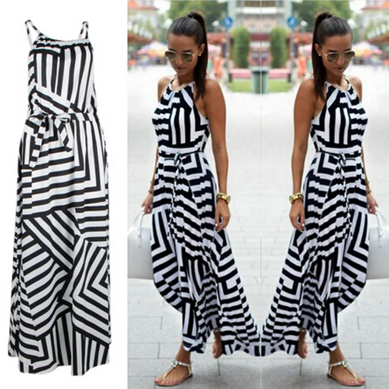 

Summer Maxi Long Dress New Fashion Women Sexy Boho Striped Sleeveless Beach Style Strap Sundress Vestidos For Female Bigsweety