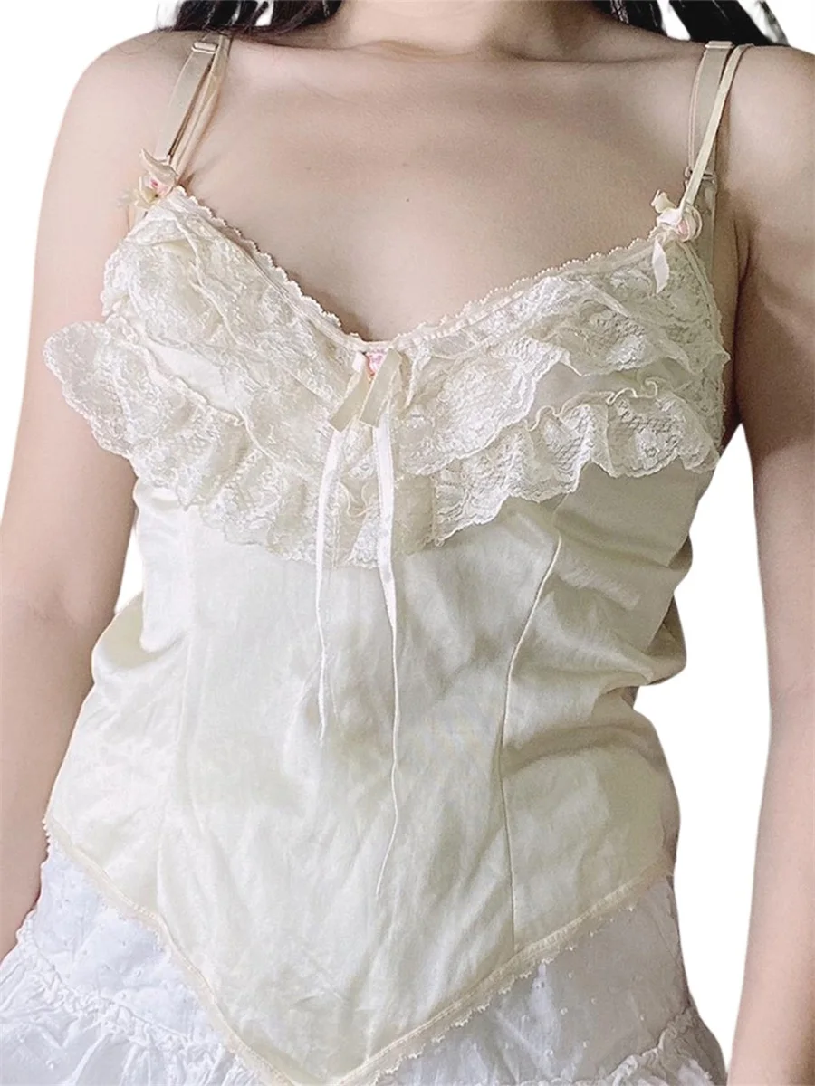 

Women Lace Patchwork Camisole, Summer V-neck Spaghetti Strap Triangle Hem Tank Tops