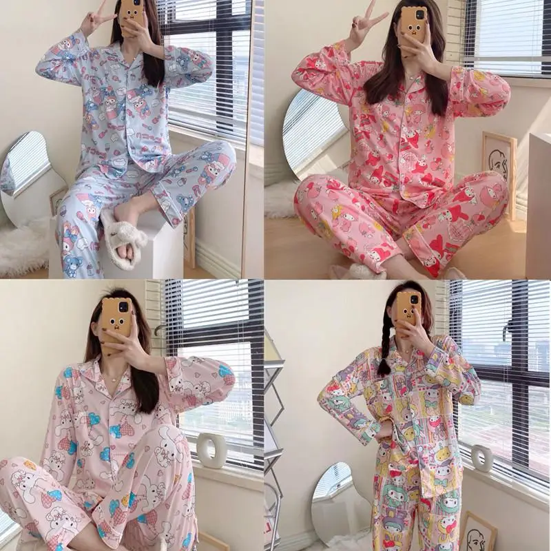 

Kawaii Sanriod аниме My Melody Kuromi Cinnamoroll осенние брюки Пижама с длинными рукавами комплект из двух предметов можно носить как домашнюю одежду