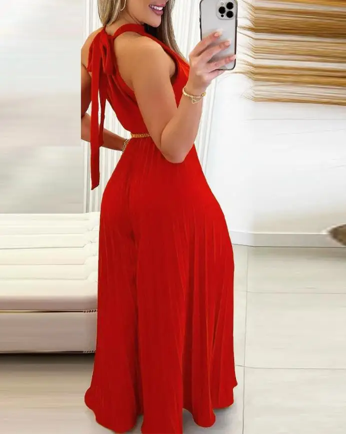 Elegant Jumpsuit Women Summer Fashion Sleeveless Pleated Wide Leg Casual Halter Tied Detail Plain Long Jumpsuit Without Belt