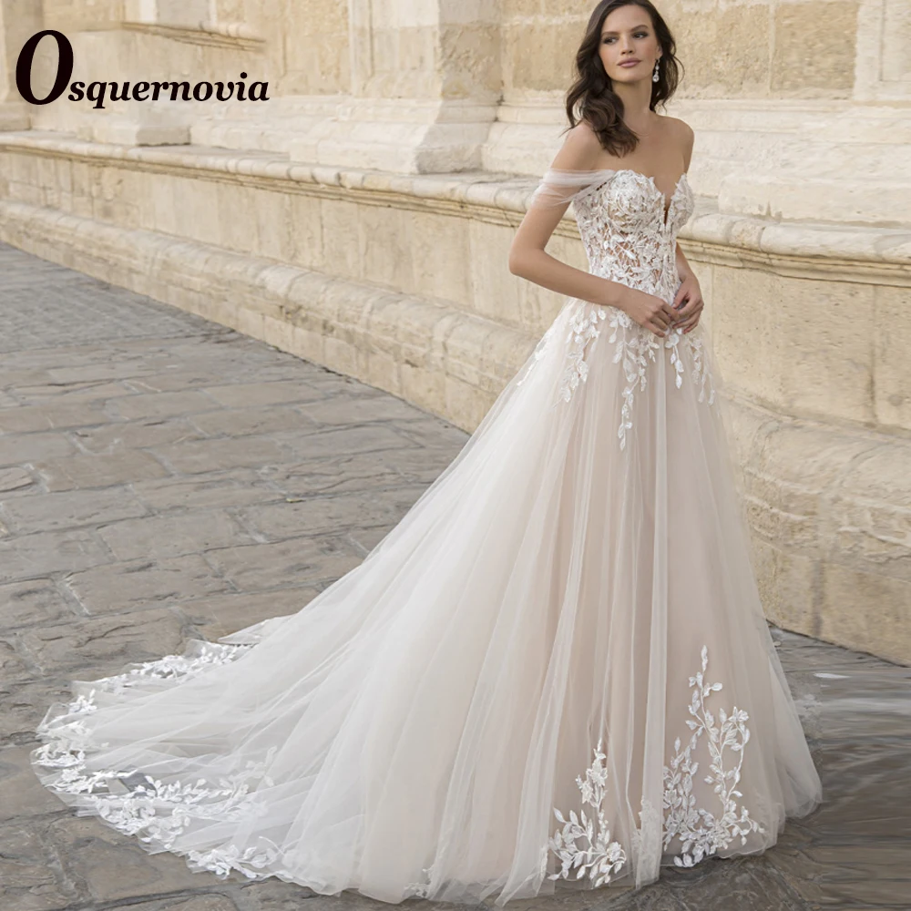 

Osquernovia Vintage Wedding Dresses for Brides Off The Shoulder A-line Court Train Lace Appliques Vestido De Noiva Personalised