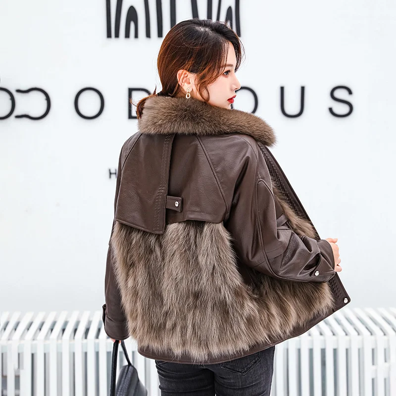 

Winter Coat Fox Coat Fur Women Elegent Chic Short Sheepskin Genuine Leather Jacket Fur In One Casacos De Inverno Feminino