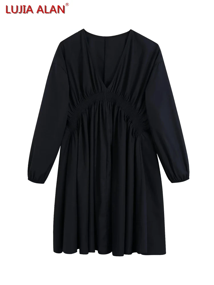 

Платье женское черное с рукавами-фонариками, мини-платье с V-образным вырезом и эластичным поясом, летнее D9390