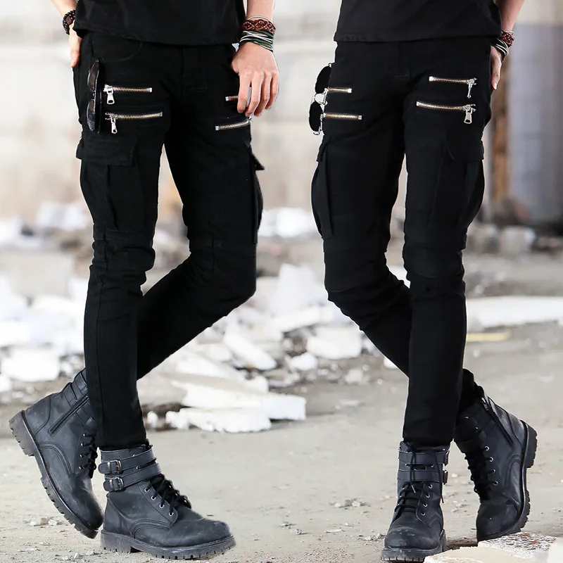 Motorcycle Denim Pants Men's Black Army Green Pleated Jeans Fashion Moto Biker Zipper Skinny Jeans Men Casual Slim Pants