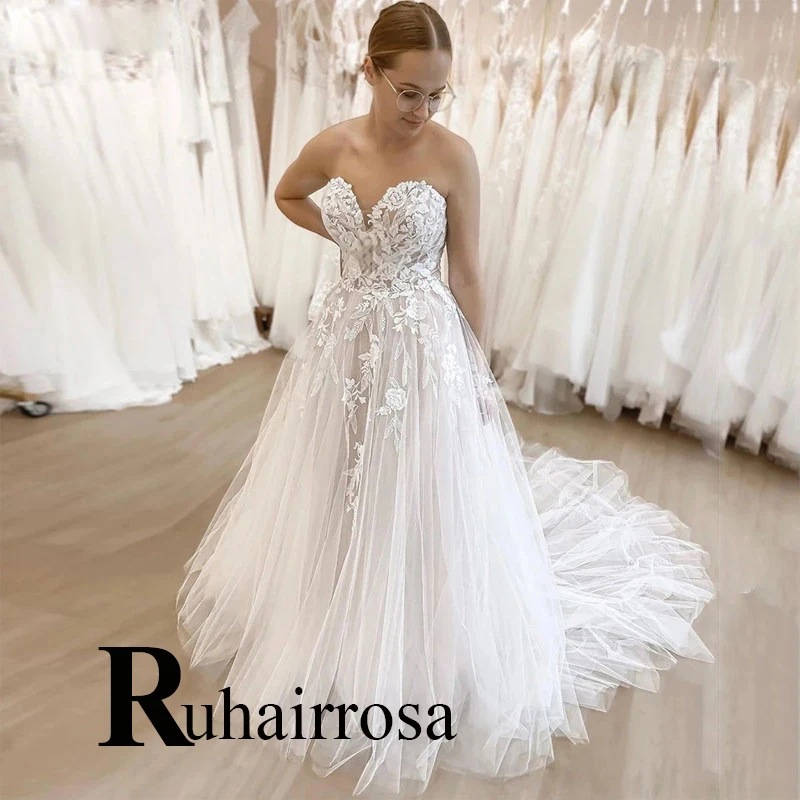 

Ruhair Wedding Dresses For Women A-Line Sweetheart Appliques Lace Tulle Illusion Button Robe De Mariée Formal Brides Gown