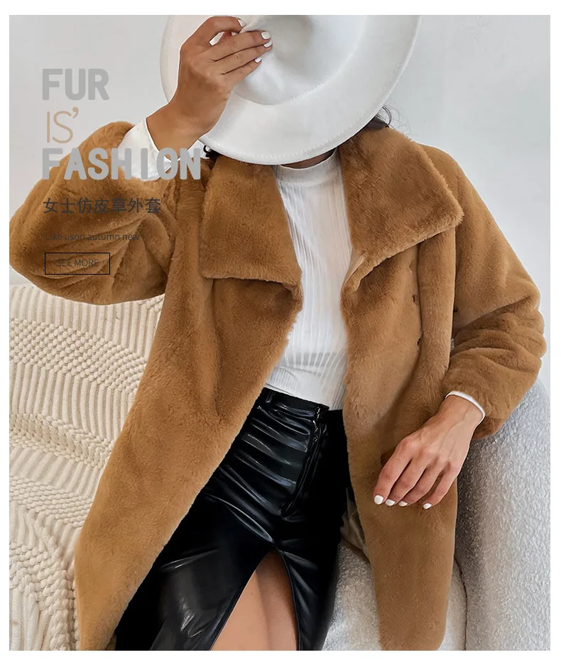 Autumn Winter Women's Clothing Khaki Mid-length Imitation Fur Coat Women's Stitching Warm Thick Faux Fur Coat Free Shipping