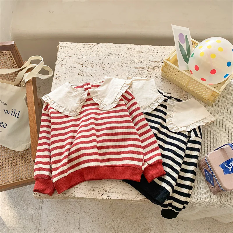 

2022 Spring Girls Striped Sweatshirt Clothes Long Sleeve Cotton Korean Kids Blouse With Collar Children Autumn Top Baby Shirt