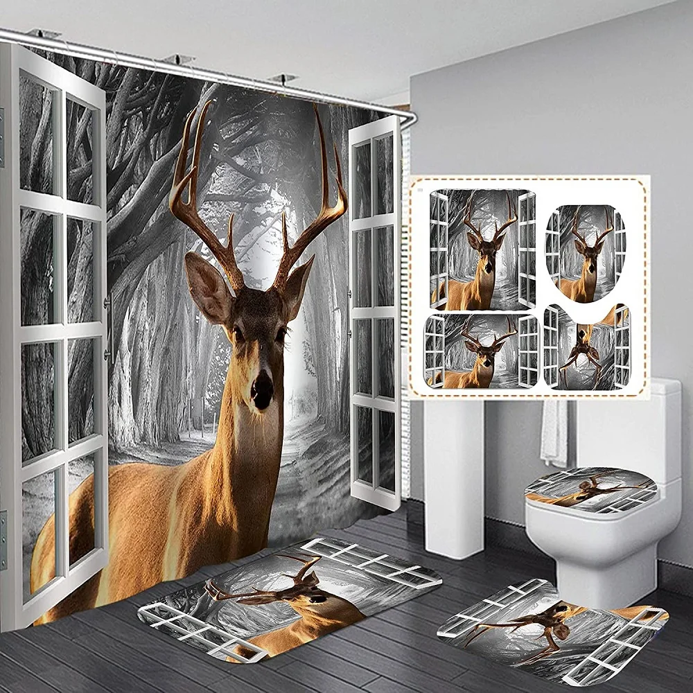 

Hunting Camo Elk Moose Bear Deer Shower Curtain Set Rug Toilet Cover Bath Mat Wild Animals Forest Bathroom Bath Curtains Decor