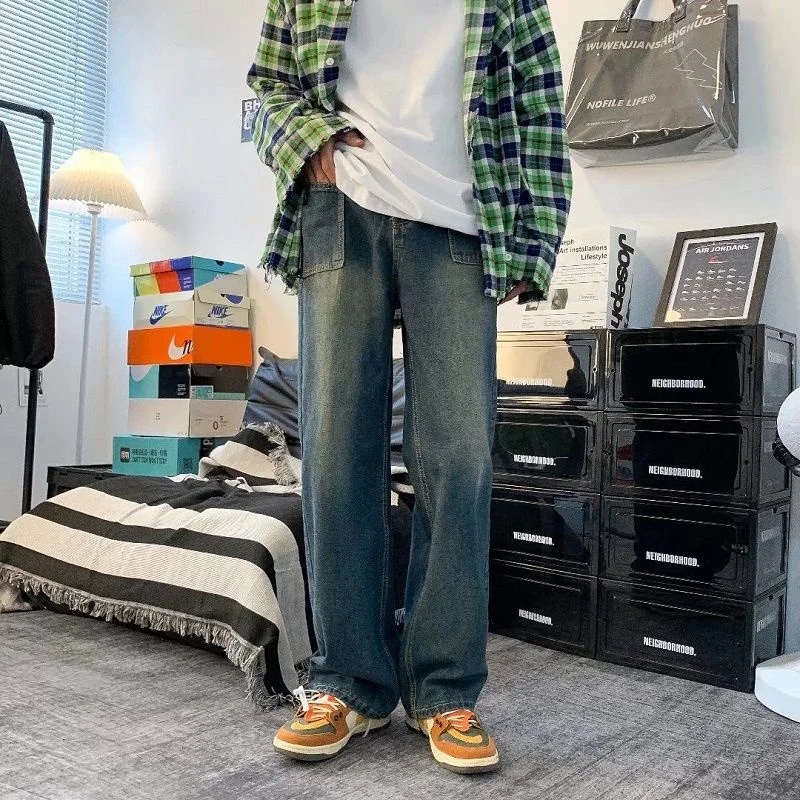 Summer Blue Baggy Jeans Men Fashion Retro Casual Straight Jeans Mens Streetwear Loose Hip Hop Wide Leg Denim Trousers Men Pants