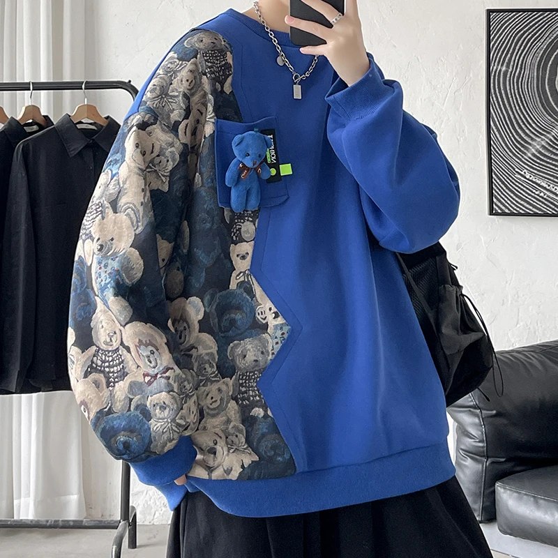 

Mens Oversized Hoodies 2022 New Fashion Casual Sweatshirts Harajuku Little Bear Printed Men Blue Hoodies Korean Women Pullovers