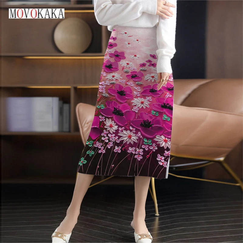 

MOVOKAKA Fashion 3D Print Skirts Vintage Autumn Winter Slim Wrap Hip With Side Slit Elegant Midi Skirt Hight Waist Women Skirts