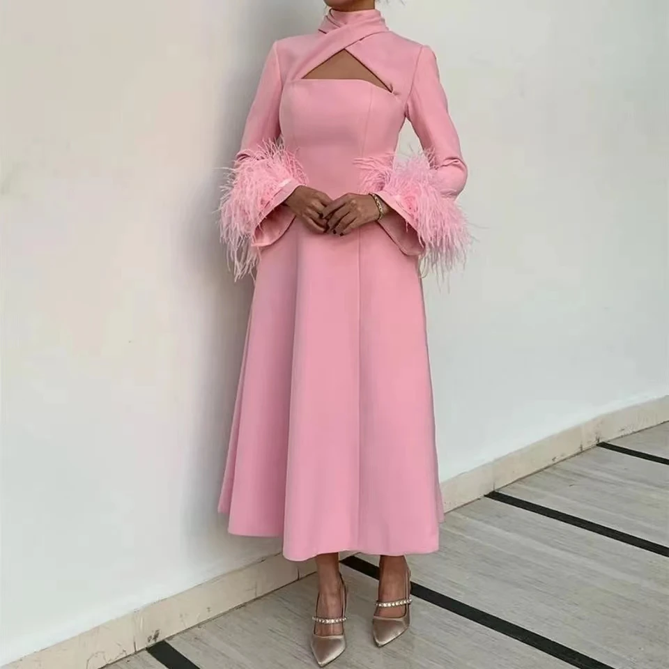 

Pink Feather Formal Occasion Dresses Cut-Out Zipper-up Long Sleeves A-Line Prom Dresses Ankle-Length Vestidos De Graduación