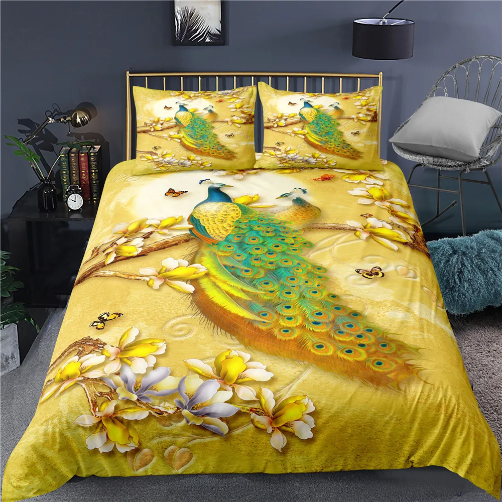 

Peacock Duvet Cover Plum Blossom Set King Size Crane Peacock Feather Floral Pattern Romantic Polyester Quilt Cover Decor Bedding