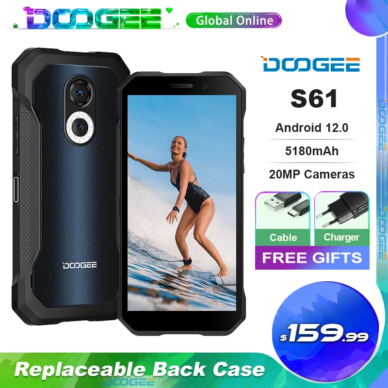 Doogee S61 Rugged Mobile Phone, IP68 Waterproof Smartphone, 5180mAh Battery,6+64GB,Helio G35,6.0” Display,Android 12 Cell Phone
