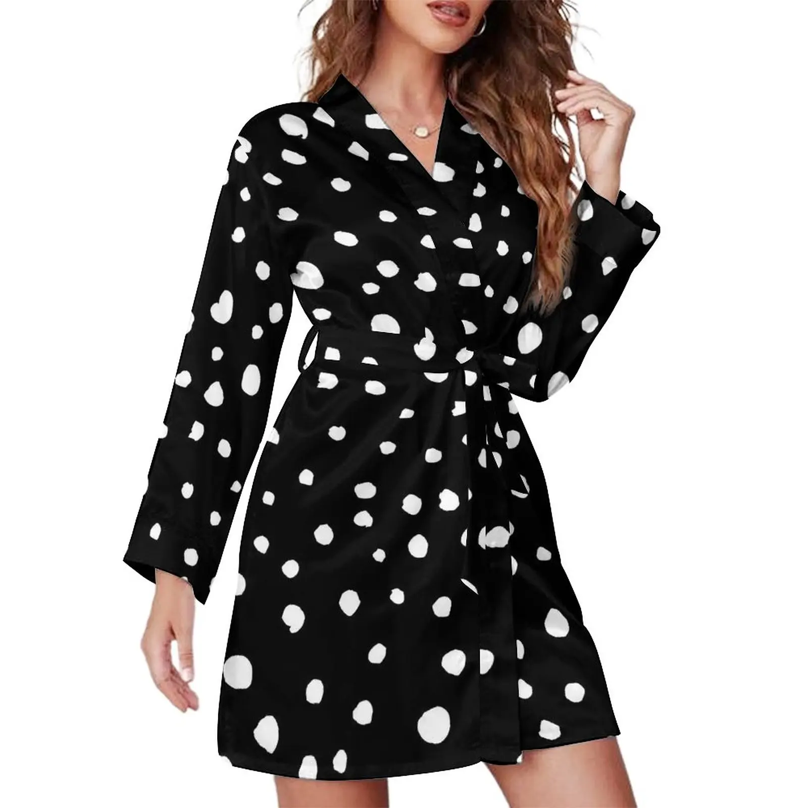 

Dalmatian Spots Print Pajama Robe White Polka Dots Casual Loose Sleepwear Long Sleeves V Neck Pattern Pajamas Robes Cute Dress