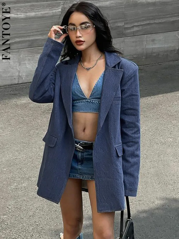 

Fantoye Autumn New Notched Collar Women Denim Blazer Blue Long Sleeve Single Button Denim Blazer Female Loose Elegant Streetwear