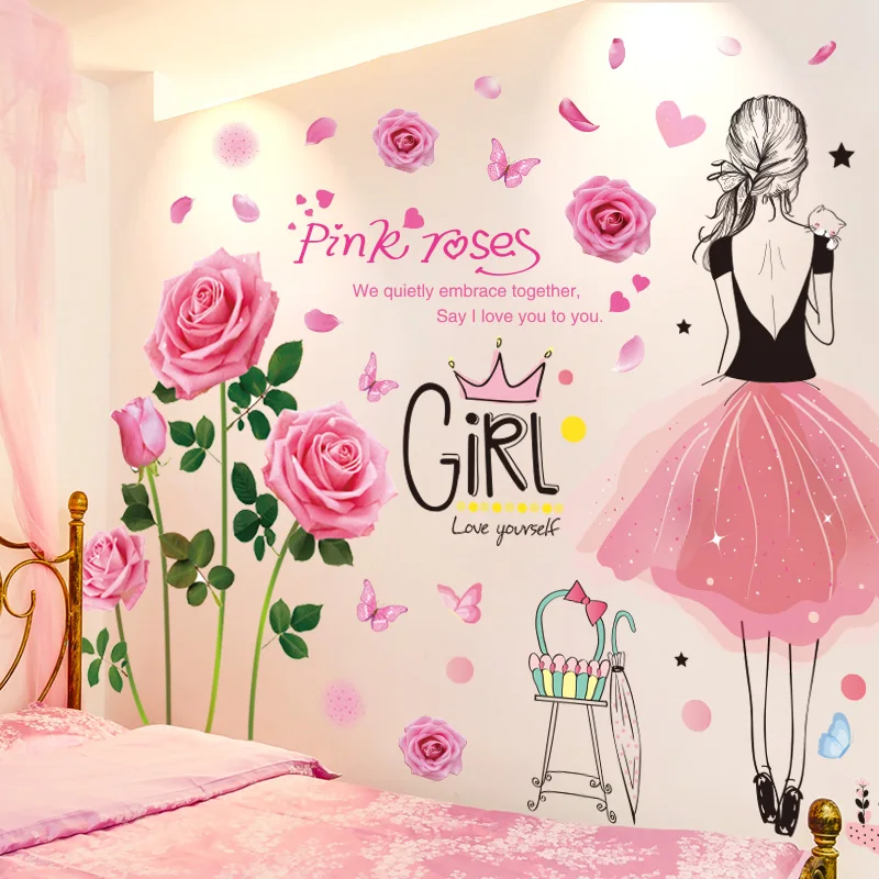 

[SHIJUEHEZI] Мультяшные наклейки на стену для девочек, «сделай сам», розы, цветы, растения, наклейки на стену для детской комнаты, спальни, детской ...
