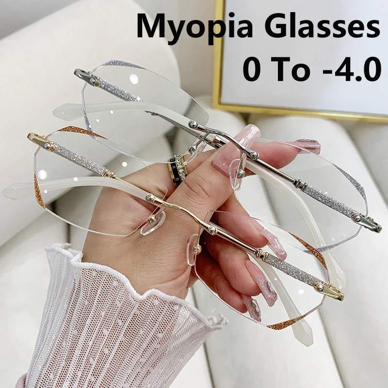 Women Rimless Myopia Glasses Luxury Diamond Cutting Frame Anti Blue Light Eyeglasses Finished Optical Eyewear Diopter 0 To -4.0