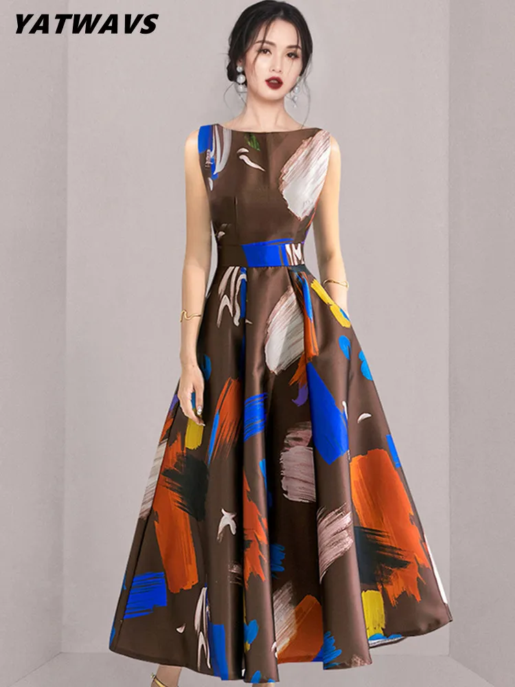 

Женское длинное платье без рукавов, повседневное облегающее платье с круглым вырезом и принтом в стиле ретро, лето