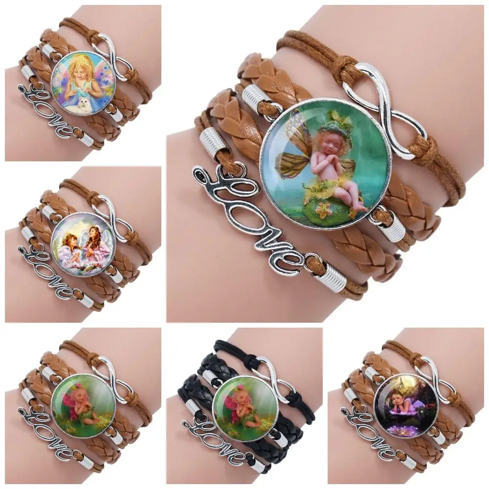 Glass Cabochon Anime Jewelry With Multilayer Black/Brown Leather Bracelet Bangle Baby Fairy For Women Party Gift Junior