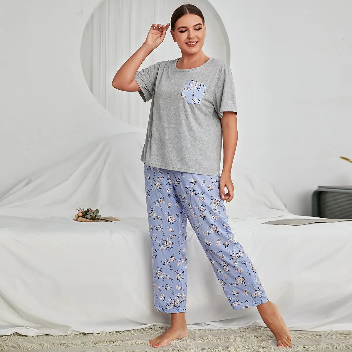 

Women's Pajamas Big Size XL-4XL Clothes Ladies Cotton Short Sleeved Top Long Pants Suits Home Wear Floral Printed Sleep Pajamas