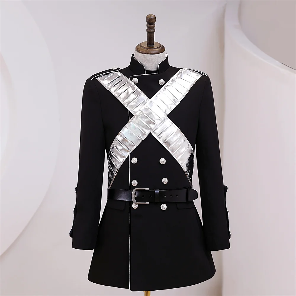 

mens silver cross decoration stand collar belt tuxedo jacket/party/stage performance