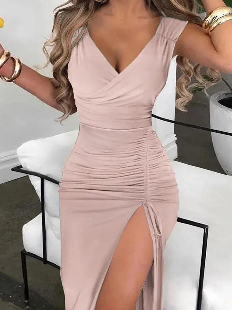 

Elegant Deep V Neck Bodycon Dress 2022 Summer Fashion Drawstring Solid Tank Long Dress Women Sexy Sleeveless Slim Bodycon Dress