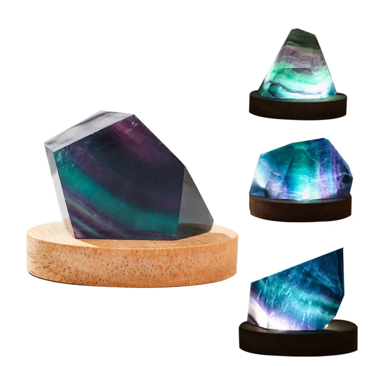 

Натуральный Красочный Полосатый Радужный флюорит, нерегулярный кристалл, драгоценный камень, многогранная геометрия, маленькая ночная лампа, украшение