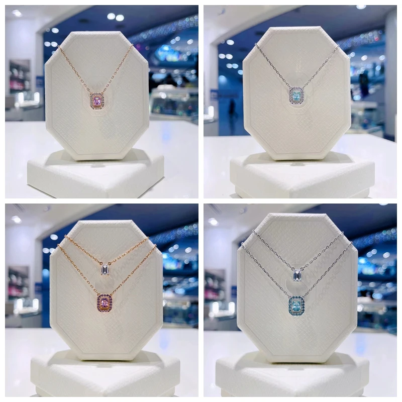 

2023 Swan Millenia Necklace Green Purple Clear Crystal Dazzling Light Octagon Cut Gemstone Layer Necklace Women Jewelry