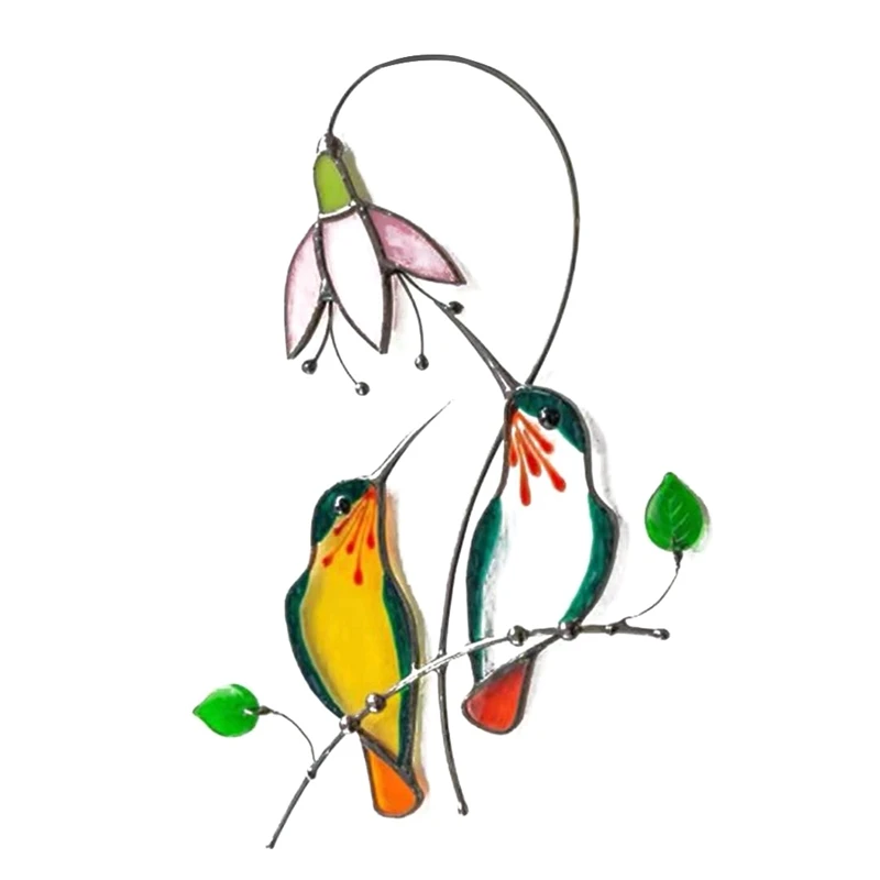 Metal Stained Glass Hummingbird Window Hangings Decor Small Bird Decoration With Hook Flat Animal Figure Ornament 2 Birds