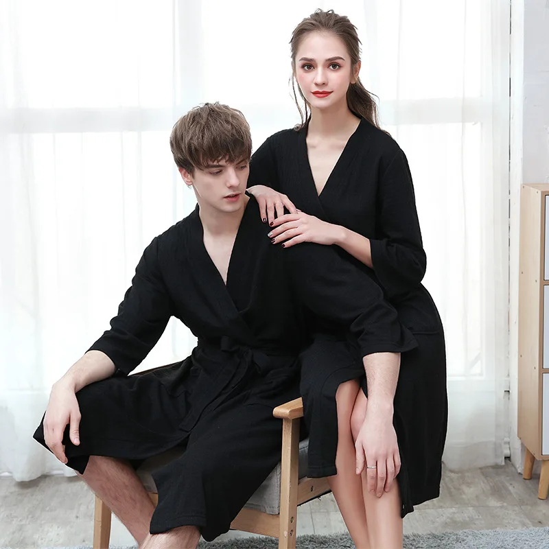 Spring Summer Lovers Bathroes Thin Waffle Robe Women Long Sleepwear Sexy V-neck Kimono Nightwear Men Light Lounge Home Clothes