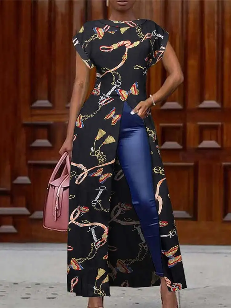 

Богемные блузки VONDA, винтажные летние женские рубашки с коротким рукавом, Повседневная длинная туника с разрезом для вечеринки, свободные женские топы с принтом