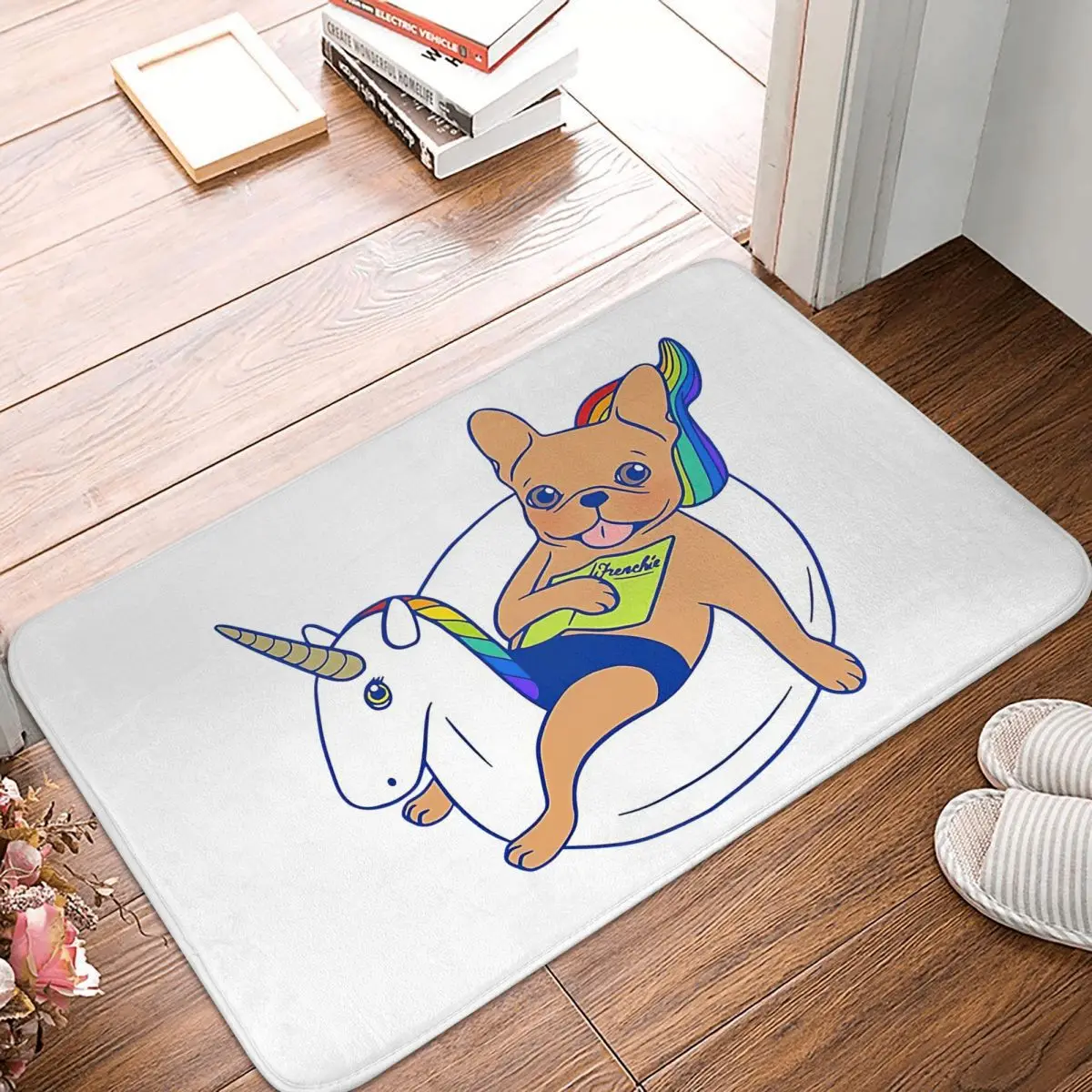 

Frenchie Enjoys Unicorn Pool Float In Swimming Pool Art Doormat Rug carpet Mat Footpad Bath mat Non-slip durable Washable
