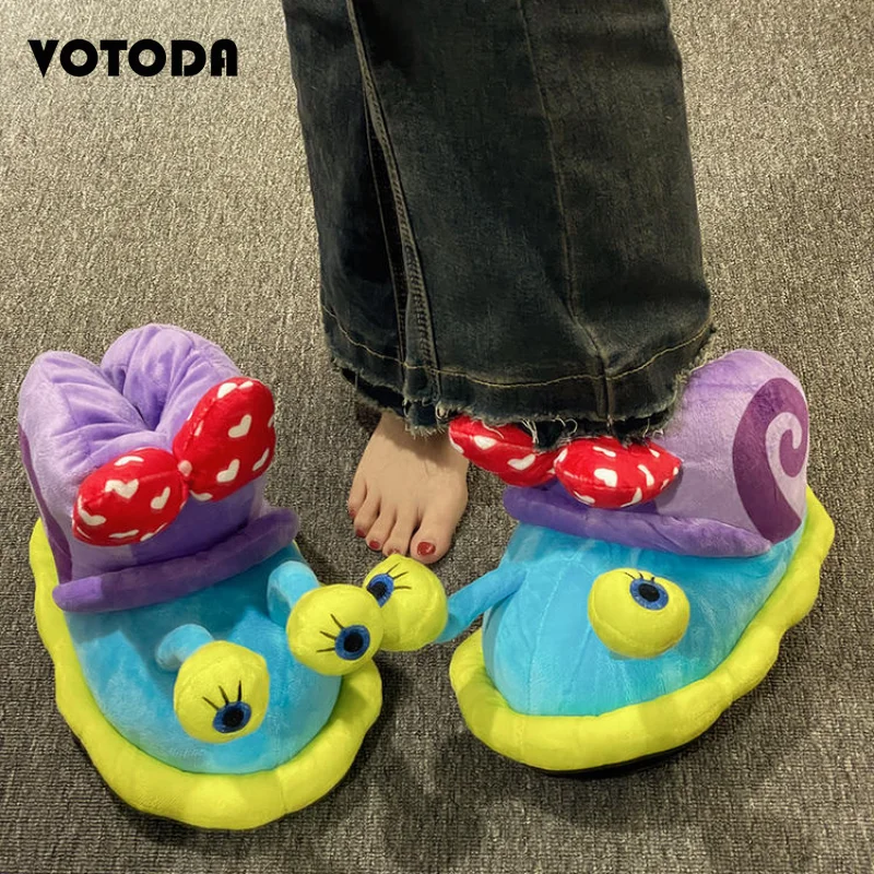 Women Cartoon Cute Snail Slippers Home Cotton Shoes Thick Sole Soft Cozy Slides Silent Flip Flop Unisex Winter Warm Plush Slides