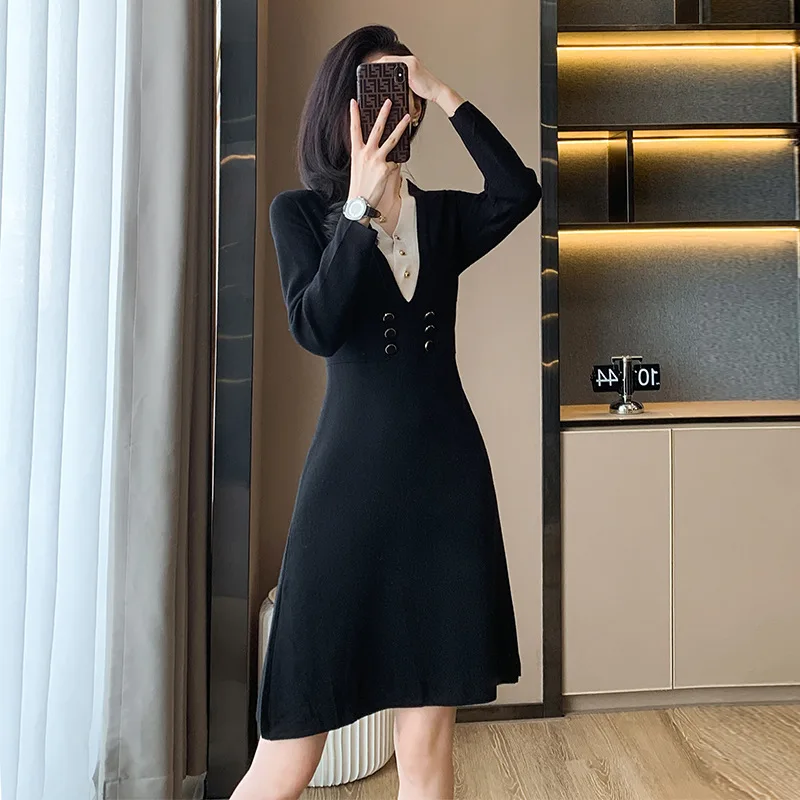 

Женское платье-свитер в стиле пэчворк, с V-образным вырезом и длинным рукавом