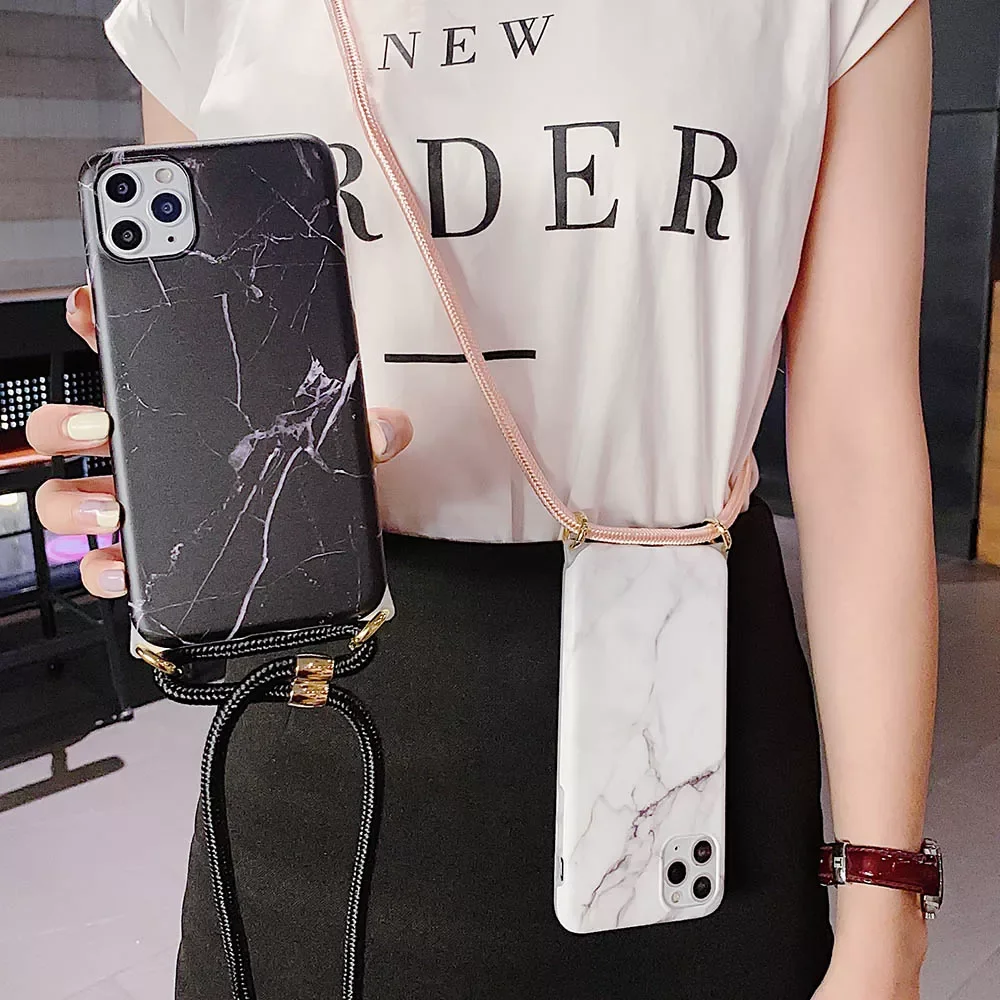 

Marble Phone Case with Crossbody Cord Strap for iPhone 12 13 11 Pro Max XR XS Max X 7 8 Plus Soft Lanyard Necklace Rope Case