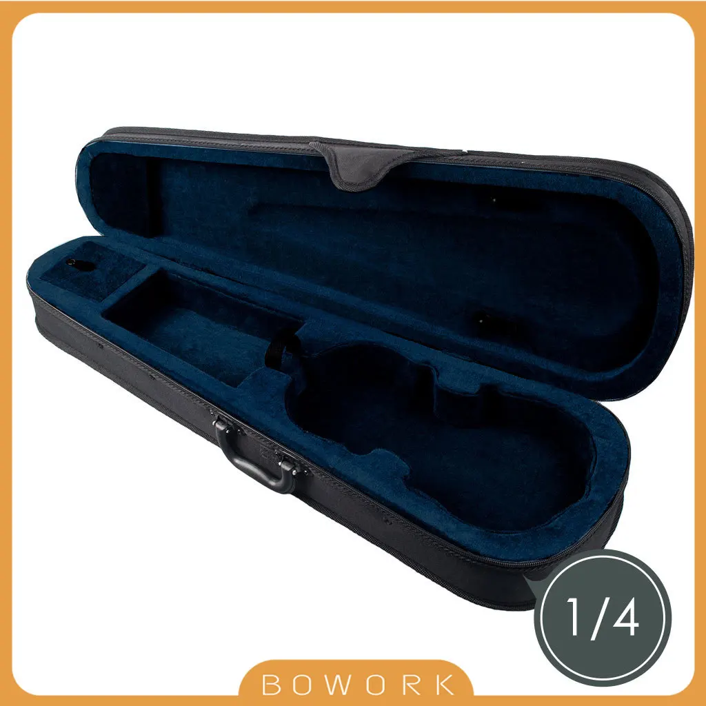 Lightweight 1/4 Size Acoustic Violin Triangle Case Black Cover Dark Blue Interior W/Straps Handle Rosin Book Pocket Foam Gig Bag